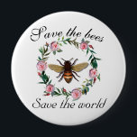 Badge Rond 10 Cm Sauvez les abeilles Sauvez le monde Bouton<br><div class="desc">Cette conception a été créée par art numérique. Elle peut être personnalisée dans la zone fournie ou customisée en choisissant le clic pour customiser une autre option et en changeant le nom, les initiales ou les mots. Vous pouvez également modifier la couleur et le style du texte ou supprimer le...</div>