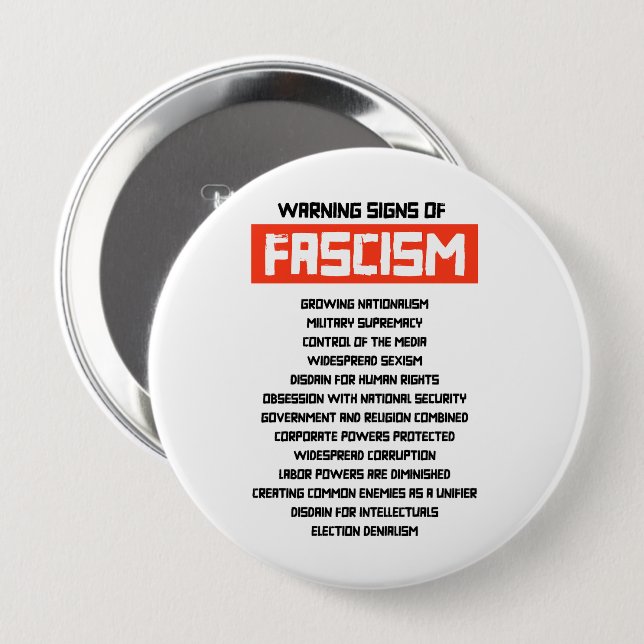 Badge Rond 10 Cm Signes d'alerte précoce du fascisme (Devant & derrière)