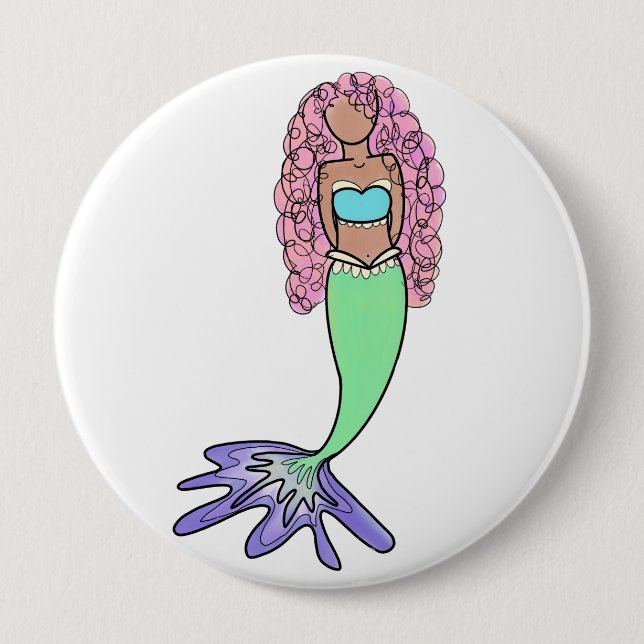 Badge Rond 10 Cm sirène arc-en-ciel rose bleu pourpre vert noir bou (Devant)