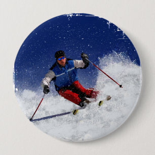 Badge Rond 10 Cm Ski emballant en bas de la montagne