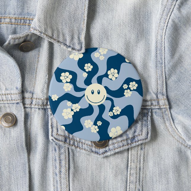 Badge Rond 10 Cm Smile - Bleu foncé, Bleu clair et Crème (En situation)