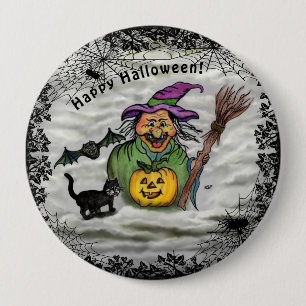 Badge Rond 10 Cm Sorcière , Chat , Chat et Citrouille , Joyeux Hal