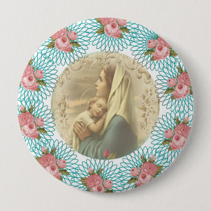 Badge Rond 10 Cm Spirales et roses de Vierge Marie w/baby Jésus