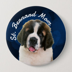 Badge Rond 10 Cm St. Bernard Maman avec Bouton arrière - plan bleu