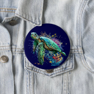 Badge Rond 10 Cm Style d'aquarelle sous-marine de tortue marine