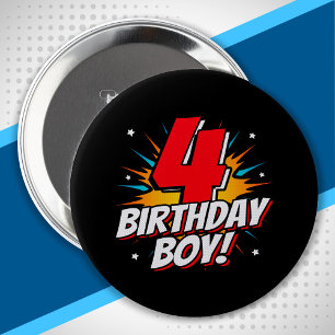 Badge Rond 10 Cm Superhero Birthday Boy - 4 Year Old - 4th Birthday