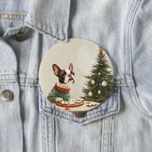 Badge Rond 10 Cm Tchiens de Noël Boston Terrier