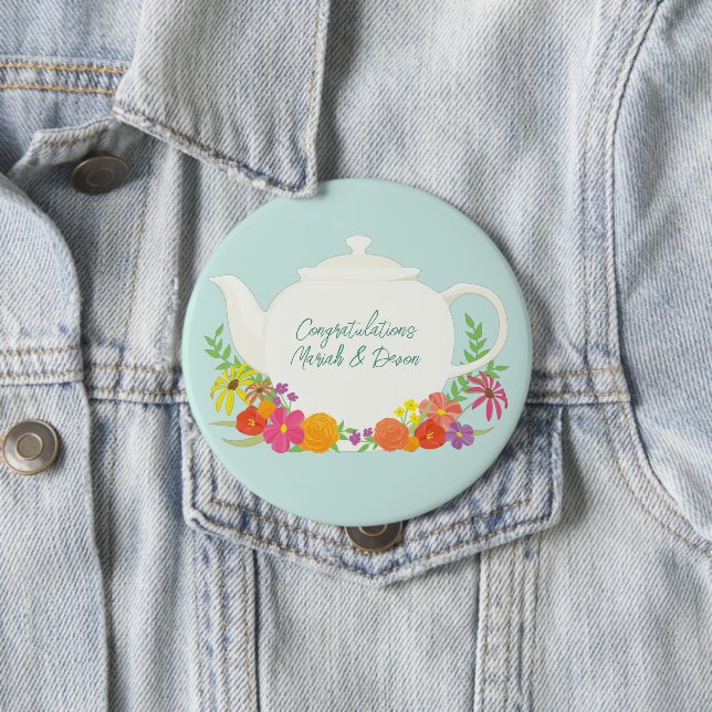 Badge Rond 10 Cm Tea Party Baby shower Teapot Spring Floral (En situation)