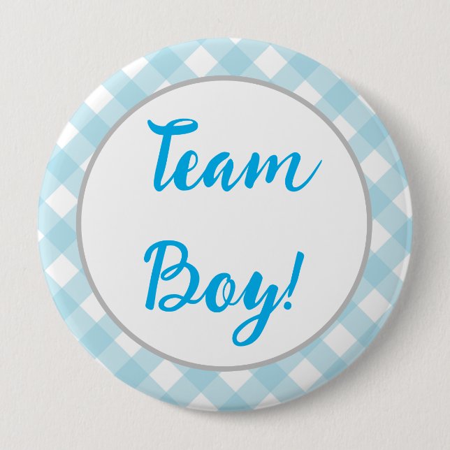 Badge Rond 10 Cm Team Boy, Bouton de révélation de genre, Plaid ble (Devant)