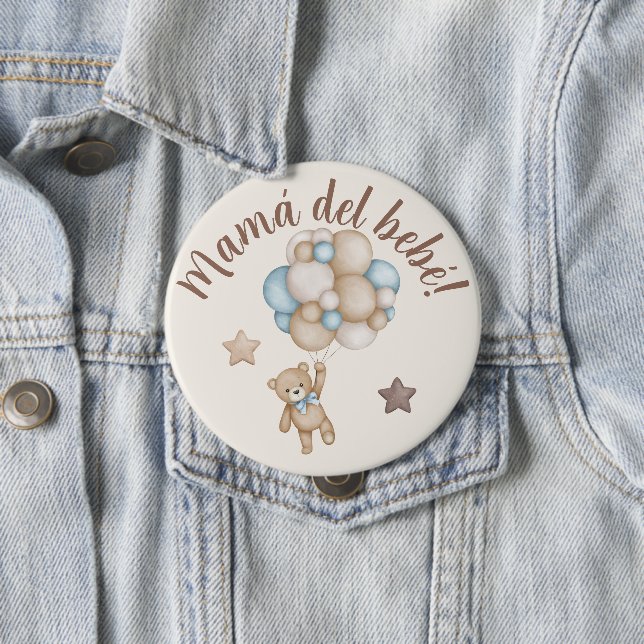 Badge Rond 10 Cm Teddy Bear Baby shower garçon en espagnol (En situation)