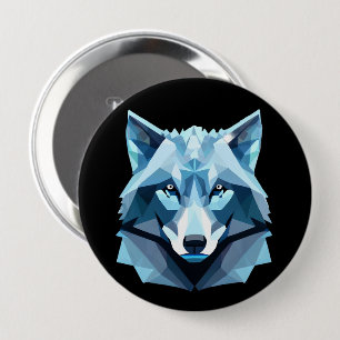Badge Rond 10 Cm Tête de loup géométrique bleue