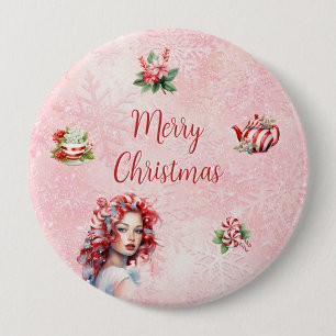 Badge Rond 10 Cm Thé de Noël à la menthe poivrée Fête Rose Flocon d