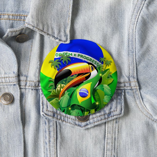 Badge Rond 10 Cm Toco Toucan avec drapeau brésilien (En situation)