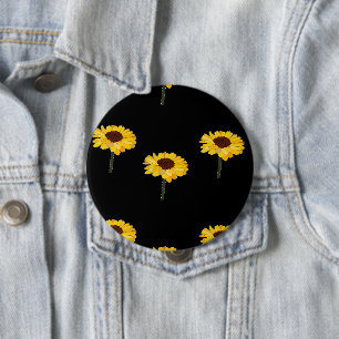 Badge Rond 10 Cm Tournesols jaunes en noir