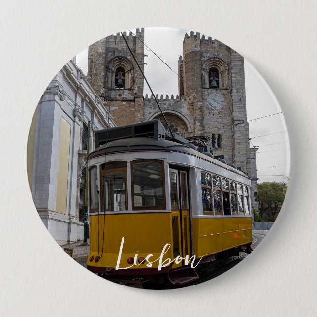 Badge Rond 10 Cm Tramway jaune sur la cathédrale de Lisbonne au Por (Devant)