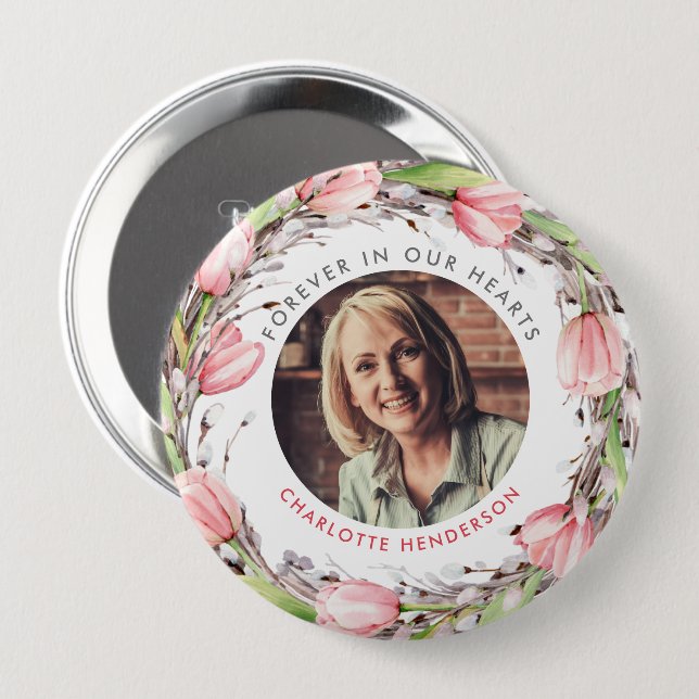 Badge Rond 10 Cm Tulipes D'Aquarelle Rose Pour Toujours Dans Nos Co (Devant & derrière)