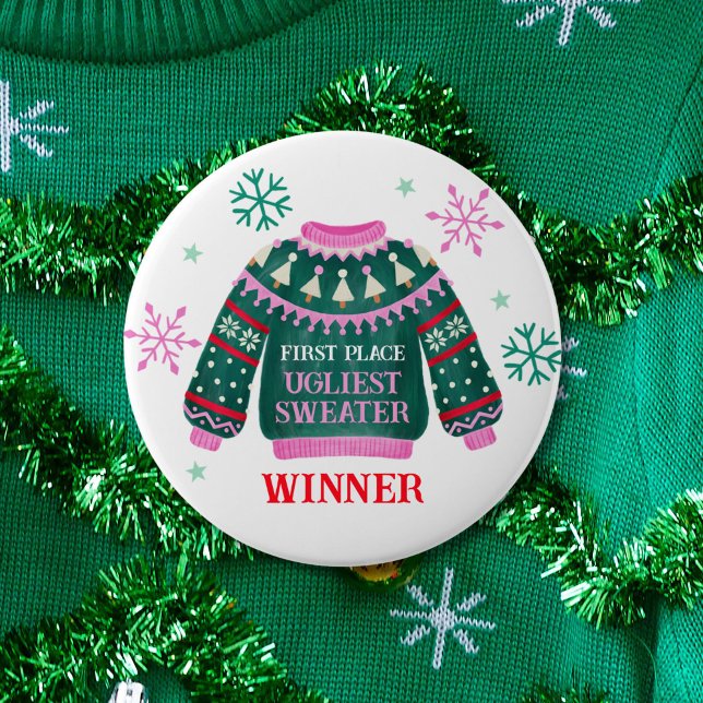 Badge Rond 10 Cm Vainqueur du concours de 1ère place du Sweater Par (Ugly Sweater Party 1st Place Contest Winner Button)