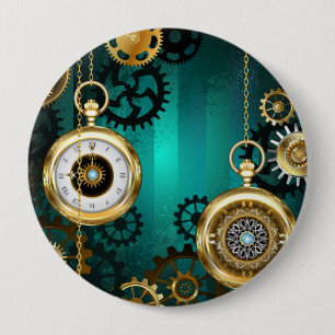 Badge Rond 10 Cm Veille bijoux Steampunk sur un Arrière - plan vert