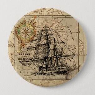 Badge Rond 10 Cm Vintage Sailing Ship and Old European Map