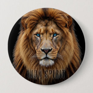 Badge Rond 10 Cm Visage de Lion Majestueux aux Yeux Bleus Faune A