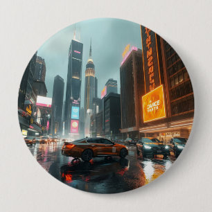 Badge Rond 10 Cm Voitures de la ville des gratte-ciel Cyberpunk
