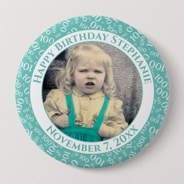 Badge Rond 10 Cm Votre photo 100e Motif numéro anniversaire | TURQU (Devant)