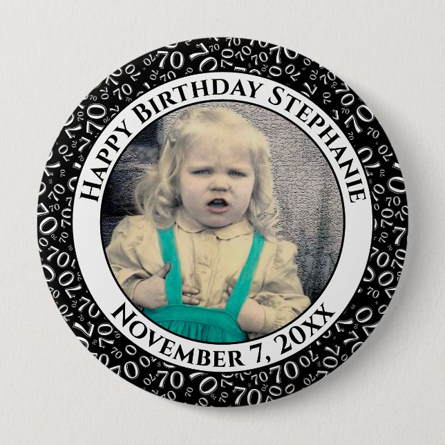Badge Rond 10 Cm Votre photo 70e anniversaire Numéro Motif Noir (Devant)