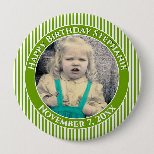 Badge Rond 10 Cm Votre photo d'anniversaire Simple rayures Vert/Bla