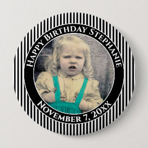 Badge Rond 10 Cm Votre photo d'anniversaire simples rayures noir/bl