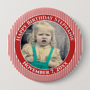 Badge Rond 10 Cm Votre photo Simple Stripes Motif Rouge/Blanc