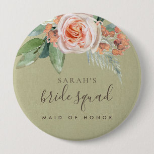 BADGE ROND 10 CM WATERCOLOR PEACH FLOWER  BRIDE SQUAD MAID OF HONOR