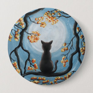 Badge Rond 10 Cm Whimsical Cat à Tree Full Moon Painting