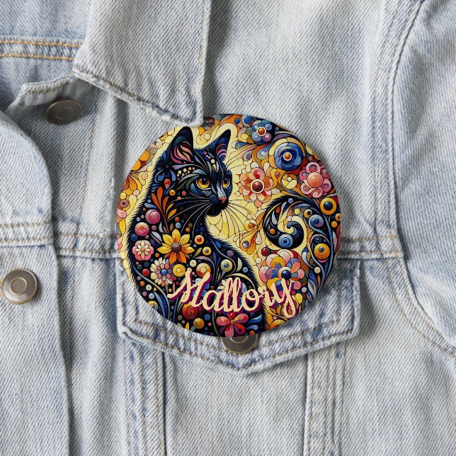 Badge Rond 10 Cm Whimsical Floral Black Cat Kitty Personalized (En situation)