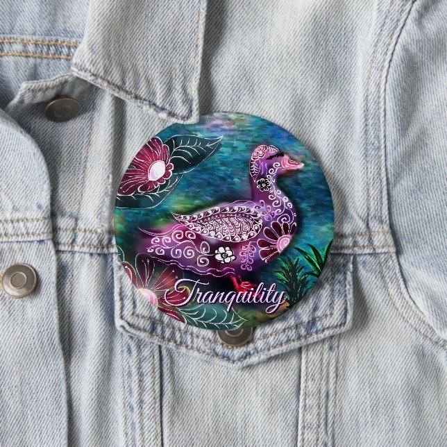 Badge Rond 10 Cm Whimsical Floral Duck Purple Teal Personalized (En situation)