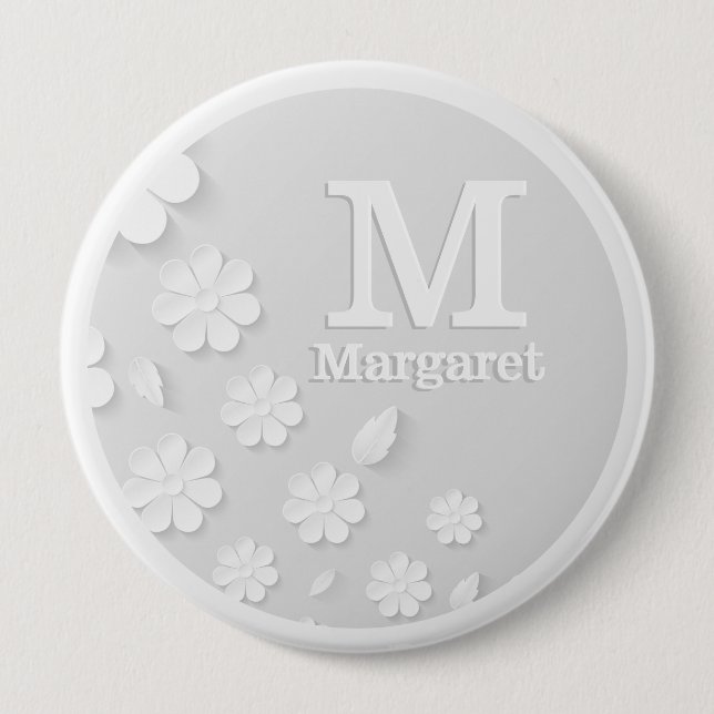 Badge Rond 10 Cm White floral embossed name initials personalized   (Devant)