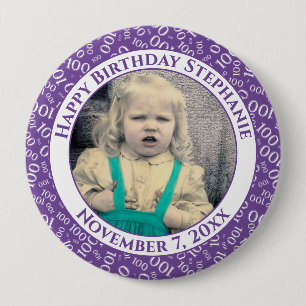 Badge Rond 10 Cm Your Photo 100th Birthday Number Pattern Purple