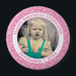 Badge Rond 10 Cm Your Photo 30th Birthday Number Pattern | Pink<br><div class="desc">This is a commemorative button with your photo and text for celebrating your 30th Birthday. There is a text template to make it easy to change the message and date. There is also a photo template to make it easy to add your image. This pink-and-white picture frame is a random...</div>