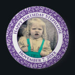 Badge Rond 10 Cm Your Photo 40th Birthday Number Pattern | Purple<br><div class="desc">This is a commemorative button with your photo and text for celebrating your 40th Birthday. There is a text template to make it easy to change the message and date. There is also a photo template to make it easy to add your image. This purple-and-white picture frame is a random...</div>