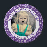 Badge Rond 10 Cm Your Photo 40th Birthday Number Pattern | Purple<br><div class="desc">This is a commemorative button with your photo and text for celebrating your 40th Birthday. There is a text template to make it easy to change the message and date. There is also a photo template to make it easy to add your image. This purple-and-white picture frame is a random...</div>