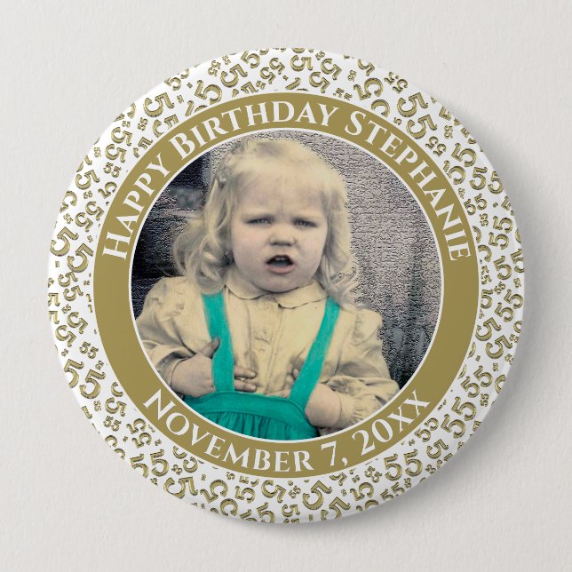 Badge Rond 10 Cm Your Photo 55th Birthday Number | Gold White (Devant)