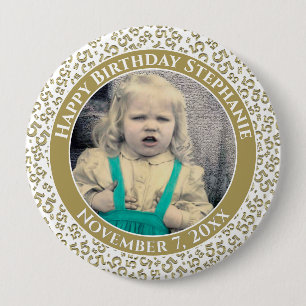 Badge Rond 10 Cm Your Photo 55th Birthday Number   Gold White