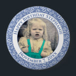 Badge Rond 10 Cm Your Photo 60th Birthday Number Pattern | Blue<br><div class="desc">This is a commemorative button with your photo and text for celebrating your 60th Birthday. There is a text template to make it easy to change the message and date. There is also a photo template to make it easy to add your image. This blue-and-white picture frame is a random...</div>