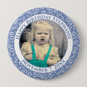 Badge Rond 10 Cm Your Photo 60th Birthday Number Pattern   Blue