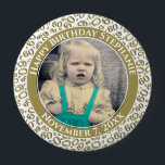 Badge Rond 10 Cm Your Photo 60th Birthday Number Pattern Gold<br><div class="desc">This is a commemorative button with your photo and text for celebrating your 60th Birthday. There is a text template to make it easy to change the message and date. There is also a photo template to make it easy to add your image. This gold-and-white picture frame is a random...</div>