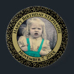 Badge Rond 10 Cm Your Photo 70th Birthday Number Pattern Black/Gold<br><div class="desc">This is a commemorative button with your photo and text for celebrating your 70th Birthday. There is a text template to make it easy to change the message and date. There is also a photo template to make it easy to add your image. This black-and-gold picture frame is a random...</div>