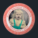 Badge Rond 10 Cm Your Photo 70th Birthday Number Pattern Coral<br><div class="desc">This is a commemorative button with your photo and text for celebrating your 70th Birthday. There is a text template to make it easy to change the message and date. There is also a photo template to make it easy to add your image. This coral-and-white picture frame is a random...</div>