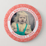 Badge Rond 10 Cm Your Photo 70th Birthday Number Pattern Coral<br><div class="desc">This is a commemorative button with your photo and text for celebrating your 70th Birthday. There is a text template to make it easy to change the message and date. There is also a photo template to make it easy to add your image. This coral-and-white picture frame is a random...</div>
