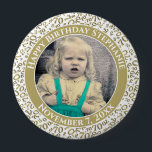 Badge Rond 10 Cm Your Photo 70th Birthday Number Pattern - Gold<br><div class="desc">This is a commemorative button with your photo and text for celebrating your 70th Birthday. There is a text template to make it easy to change the message and date. There is also a photo template to make it easy to add your image. This gold-and-white picture frame is a random...</div>