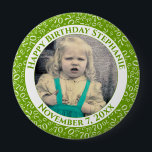 Badge Rond 10 Cm Your Photo 70th Birthday Number Pattern Green<br><div class="desc">This is a commemorative button with your photo and text for celebrating your 70th Birthday. There is a text template to make it easy to change the message and date. There is also a photo template to make it easy to add your image. This green-and-white picture frame is a random...</div>