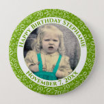 Badge Rond 10 Cm Your Photo 70th Birthday Number Pattern Green<br><div class="desc">This is a commemorative button with your photo and text for celebrating your 70th Birthday. There is a text template to make it easy to change the message and date. There is also a photo template to make it easy to add your image. This green-and-white picture frame is a random...</div>